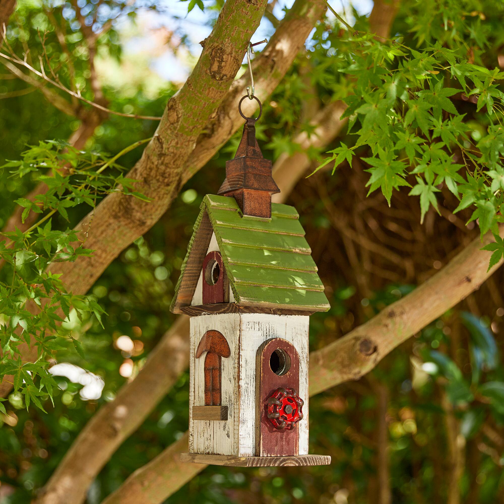 Glitzhome® 15.75" White & Green Distressed Wood Birdhouse